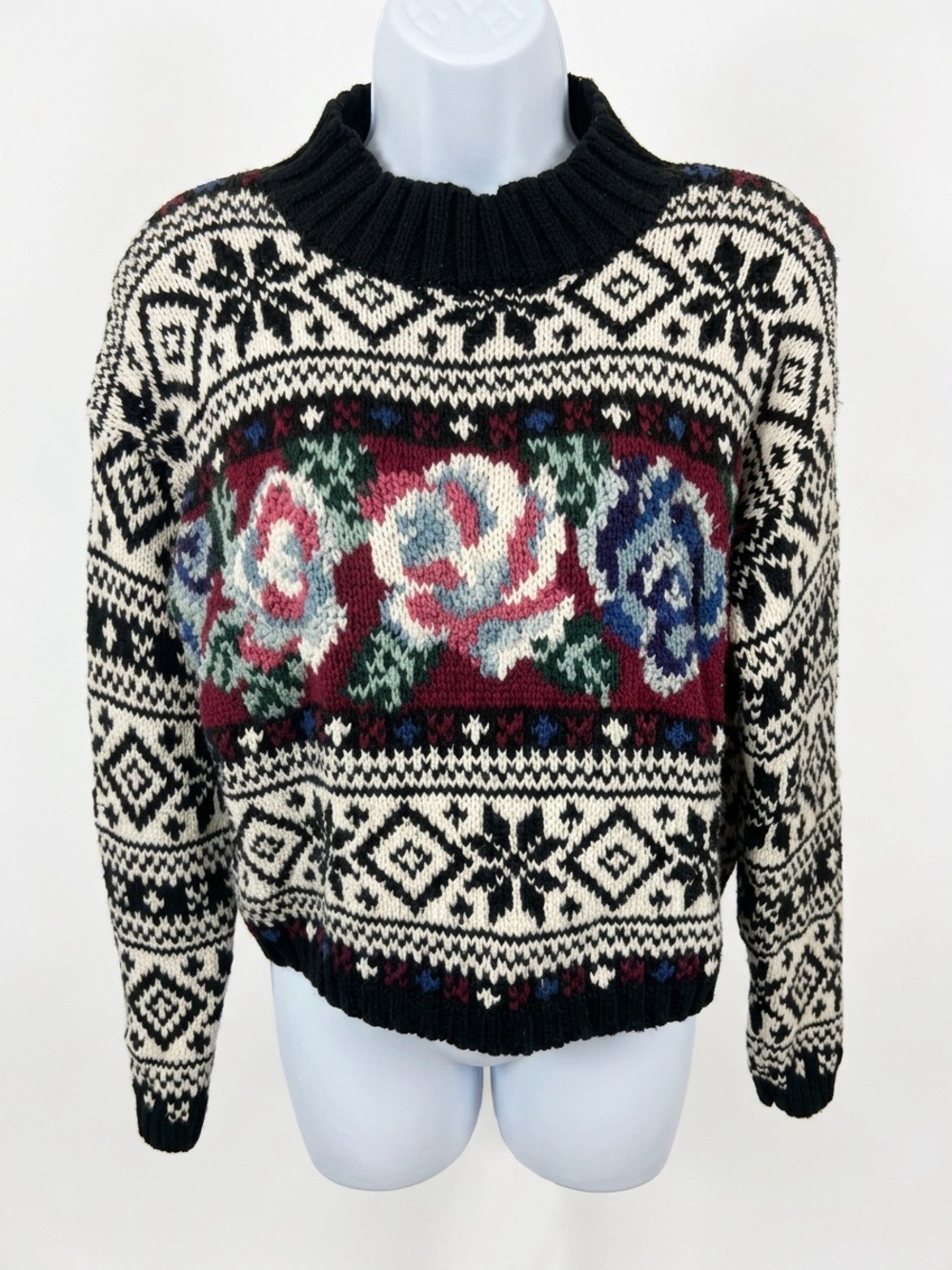 Reference Point Floral Fair Isle Mock Neck Sweater Cottagecore Knit